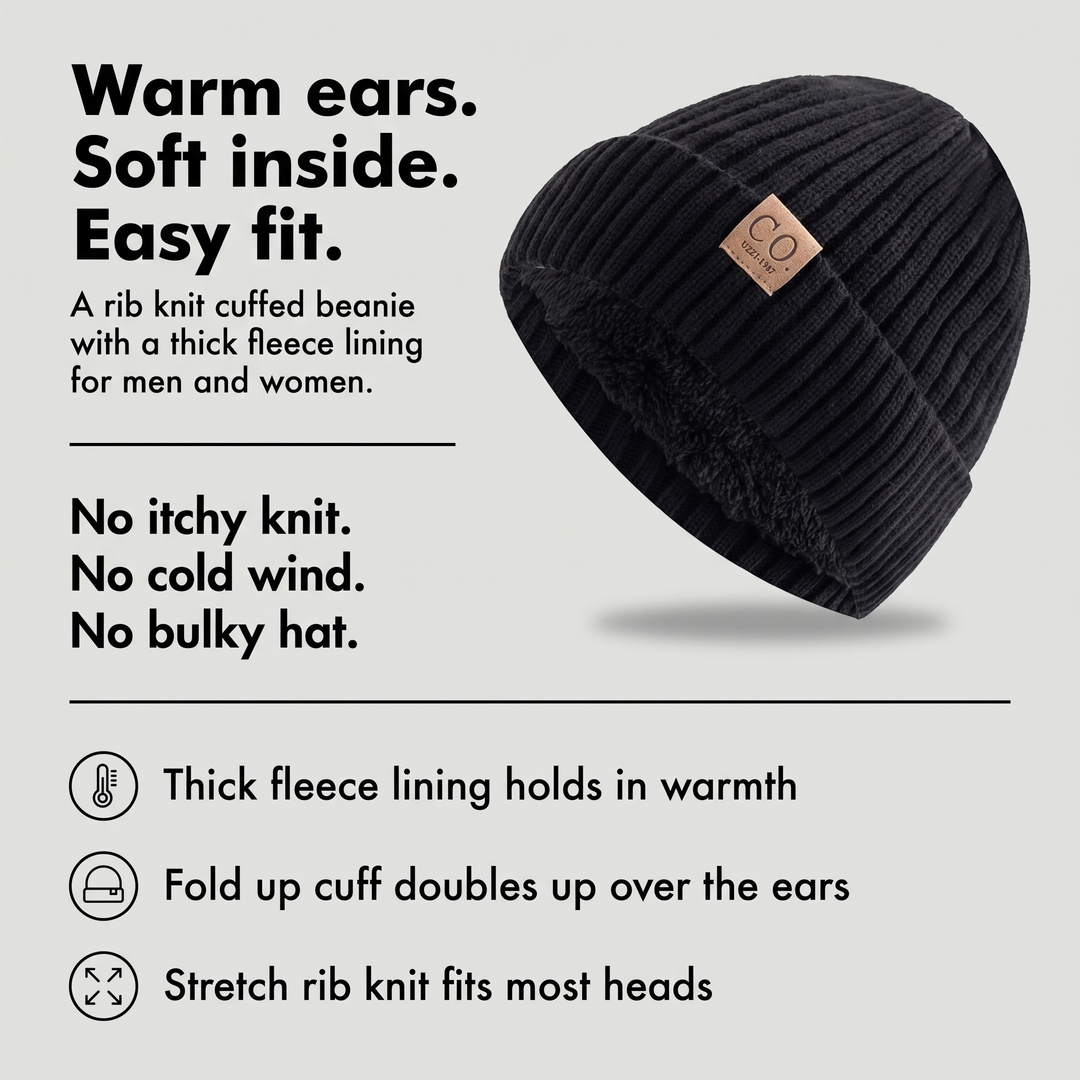 Fleece lined winter hat benefits: thick fleece lining, fold up cuff and stretch rib knit