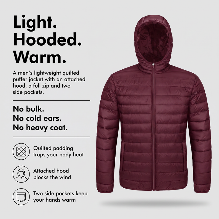 Men's hooded puffer jacket with quilted padding, attached hood and side pockets