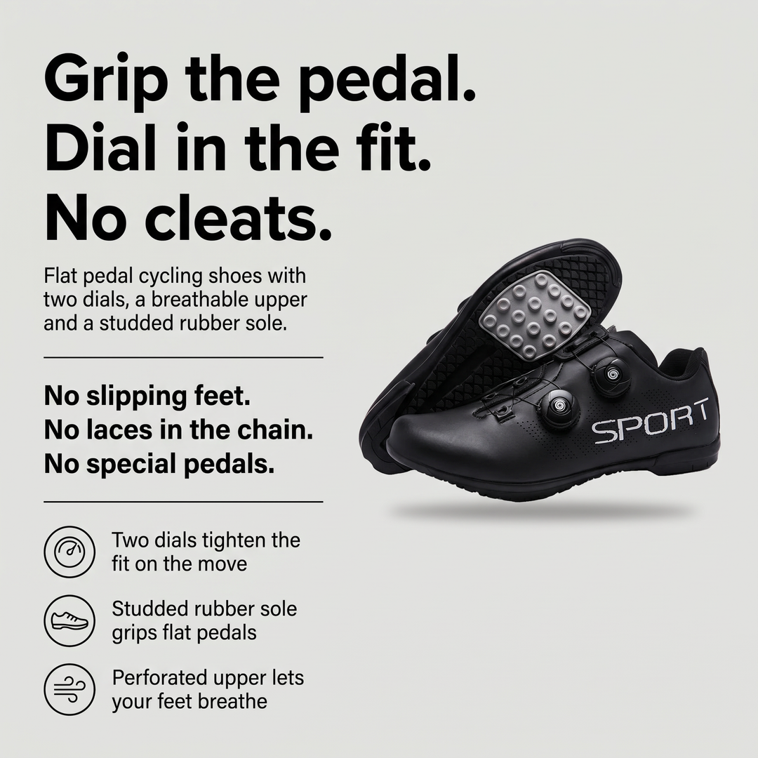 Flat pedal cycling shoes with dual dial fit, studded rubber sole and perforated upper