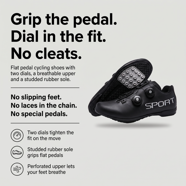 Flat pedal cycling shoes with dual dial fit, studded rubber sole and perforated upper