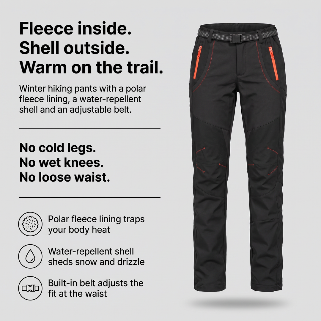 Women's hiking pants with polar fleece lining, water-repellent shell and built-in belt