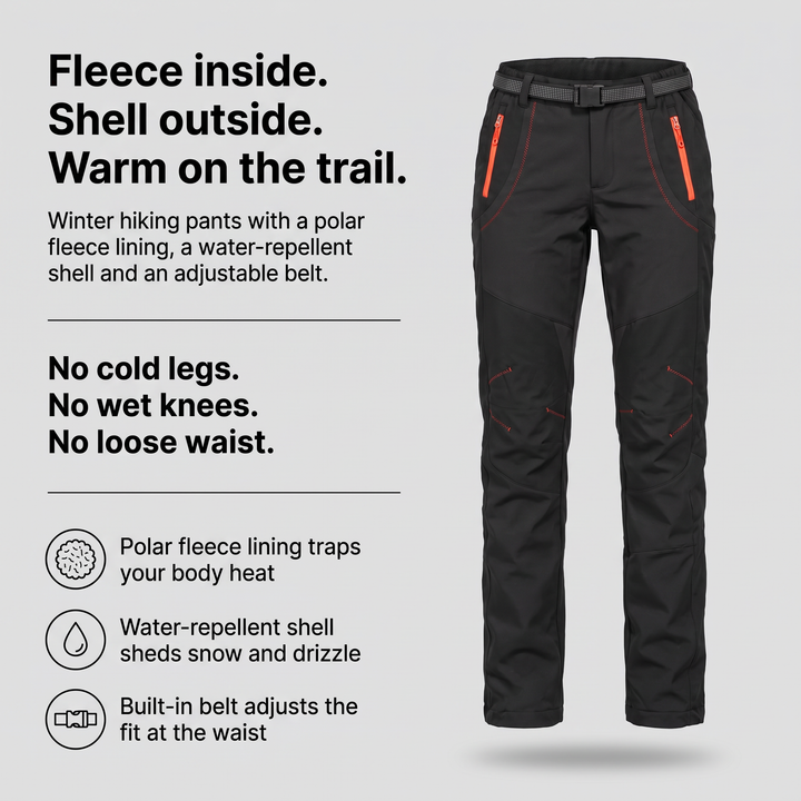 Women's hiking pants with polar fleece lining, water-repellent shell and built-in belt