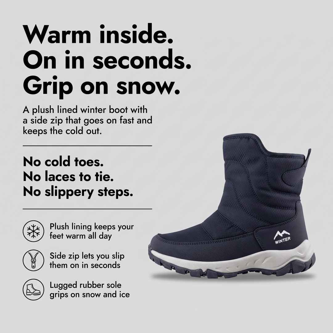 Men's winter boots with plush lining, side zip and lugged rubber sole