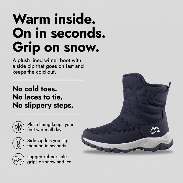 Men's winter boots with plush lining, side zip and lugged rubber sole