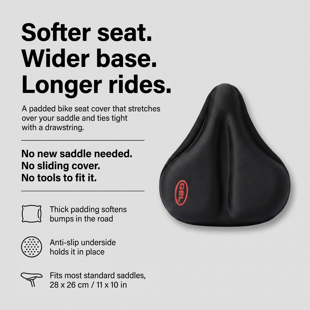 Padded bike seat cover with anti-slip underside and drawstring fit