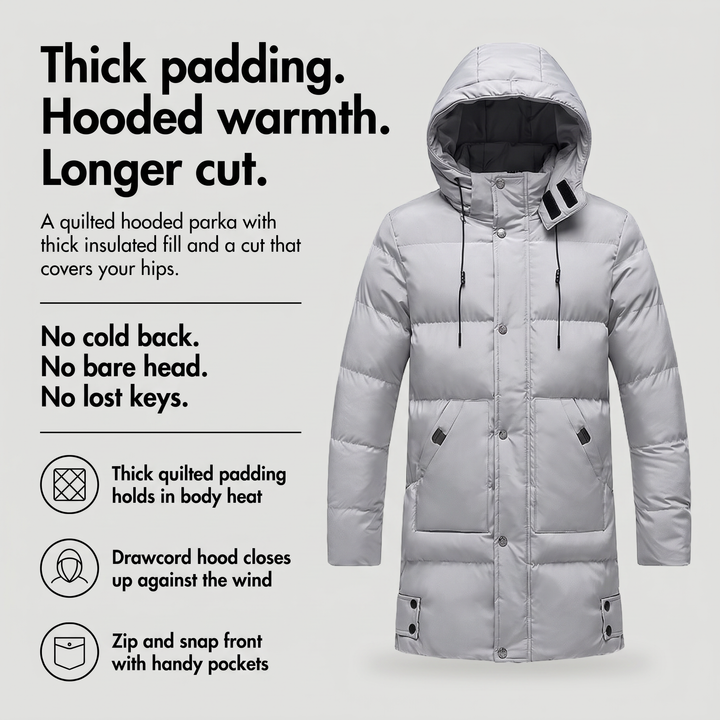 Men's quilted coat with thick padding, drawcord hood and zip and snap front