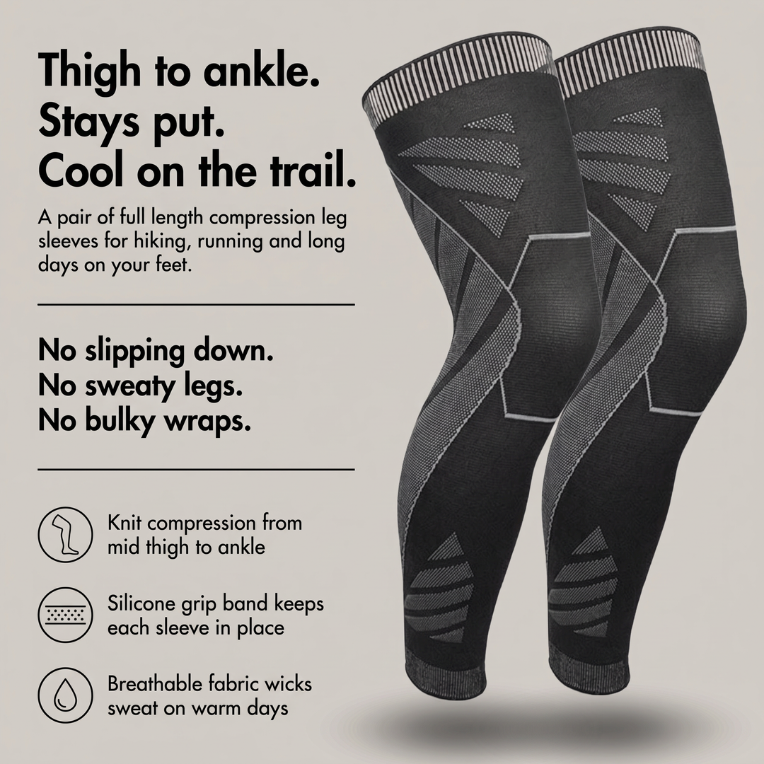 Full length compression leg sleeves with silicone grip band and breathable knit