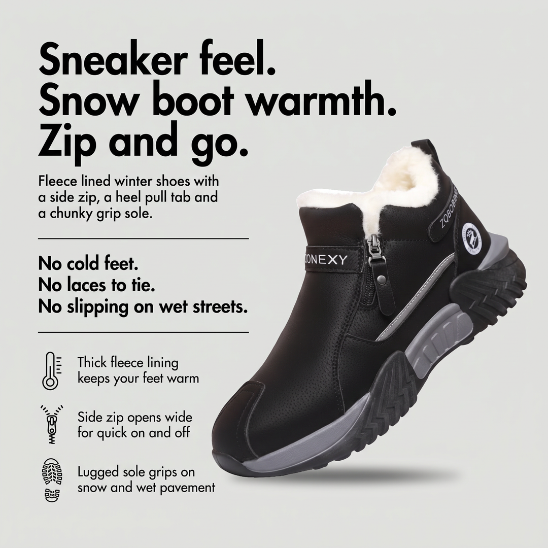 Men's winter shoes benefits: thick fleece lining, wide opening side zip and lugged grip sole