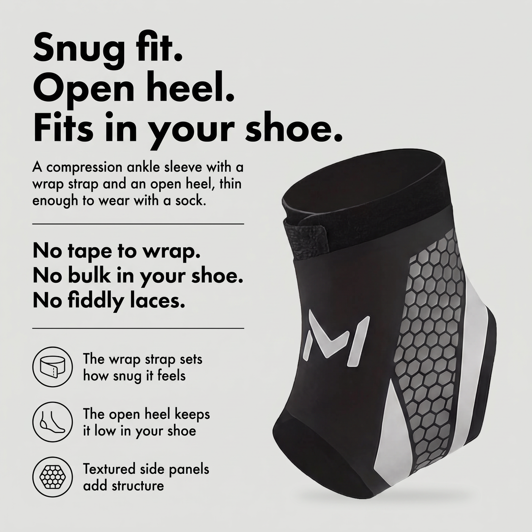 Compression ankle brace with wrap strap, open heel and textured side panels