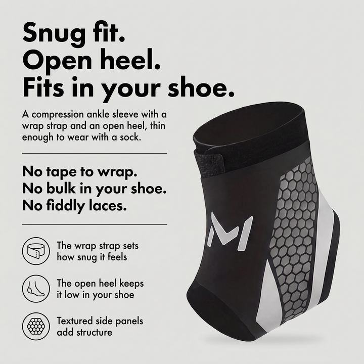 Compression ankle brace with wrap strap, open heel and textured side panels