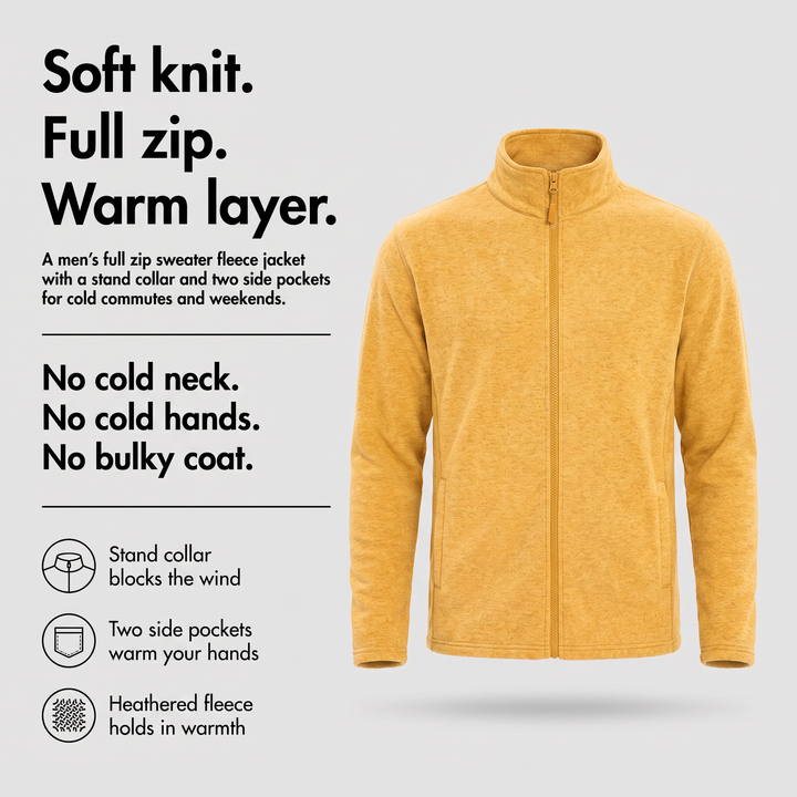 Men's full zip fleece jacket in heathered sweater fleece with stand collar and side pockets