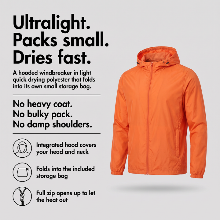 Men's packable jacket with integrated hood, full zip and included storage bag