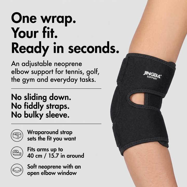 Adjustable neoprene elbow wrap with wraparound strap and open elbow window