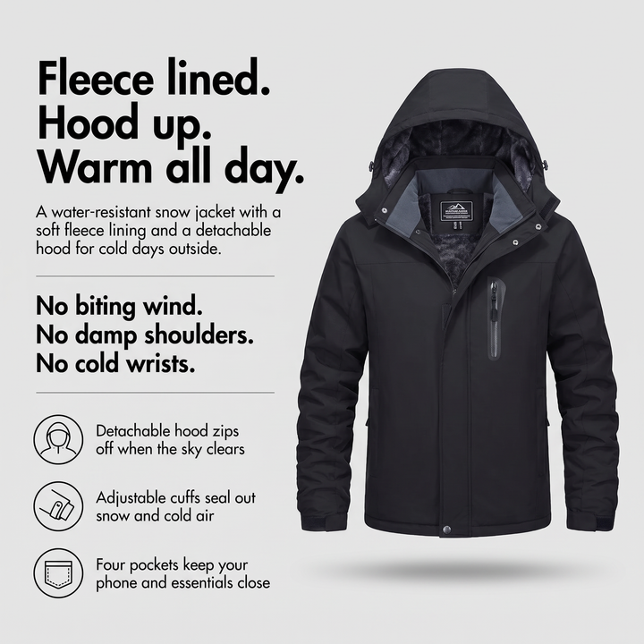 Men's snow jacket with fleece lining, detachable hood and adjustable cuffs