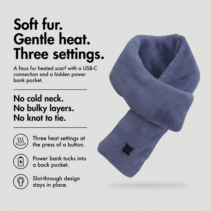 Faux fur heated scarf with three heat settings and power bank pocket