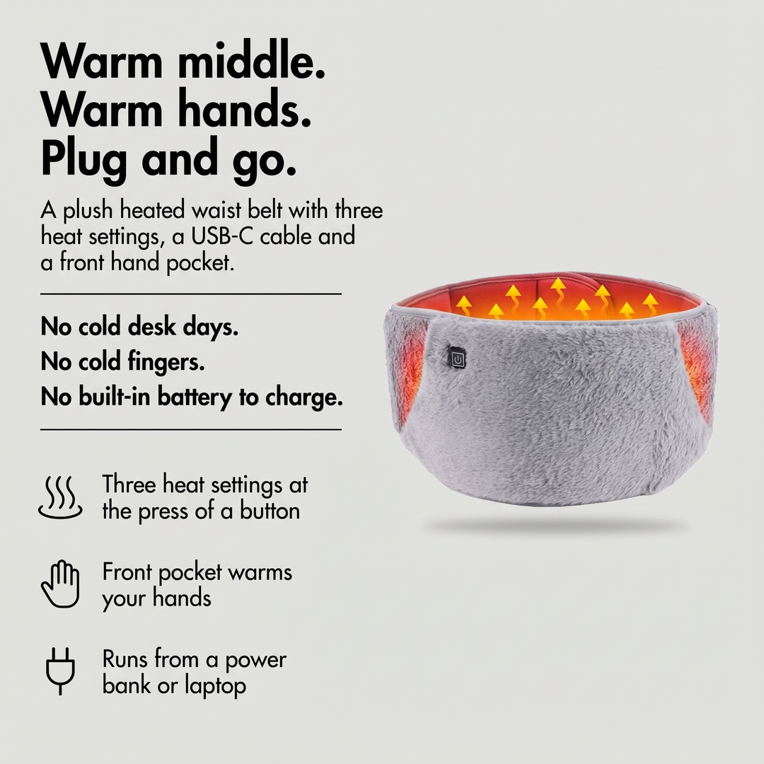 Plush heated waist belt with three heat settings, hand pocket and USB-C cable