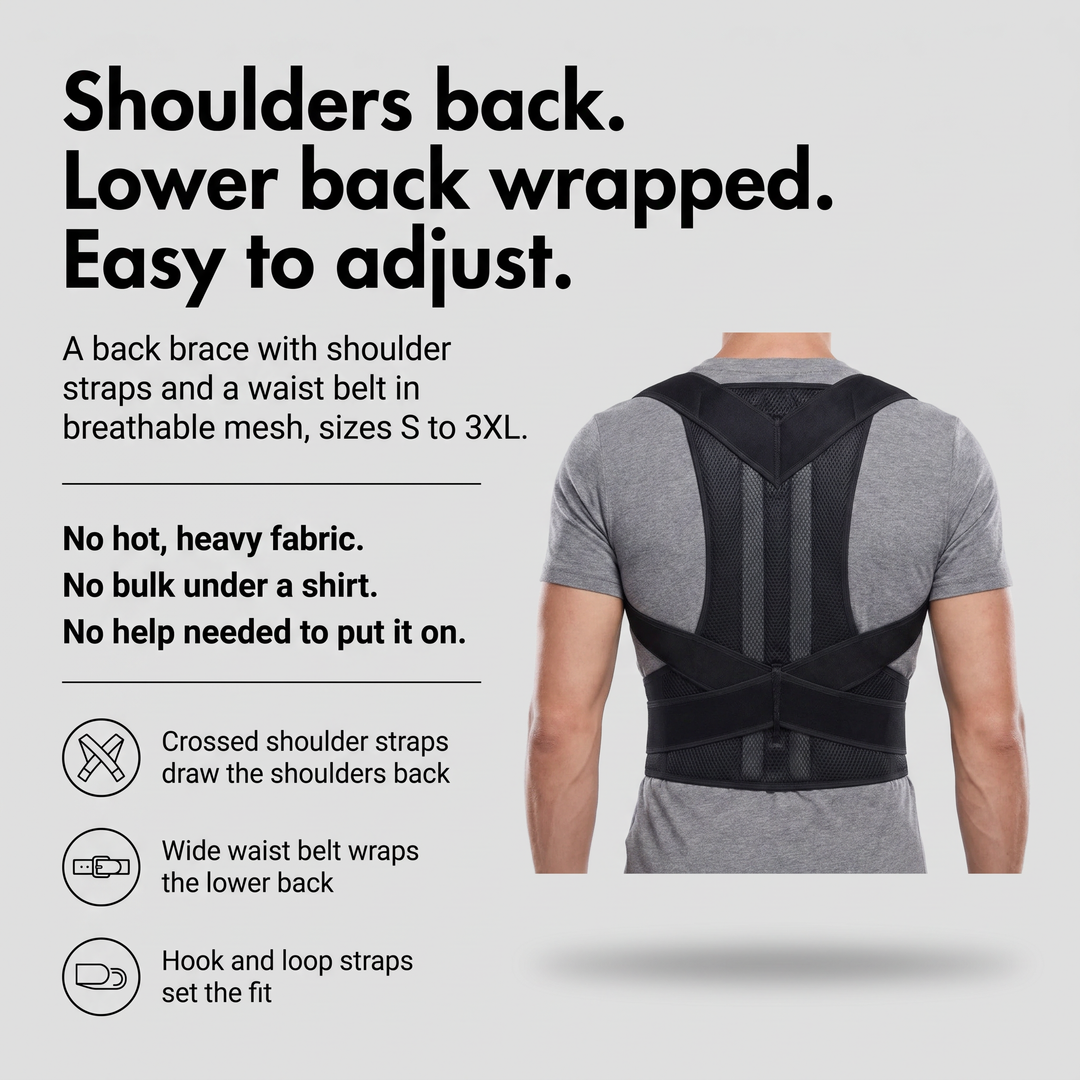 Back brace with crossed shoulder straps, wide waist belt and breathable mesh