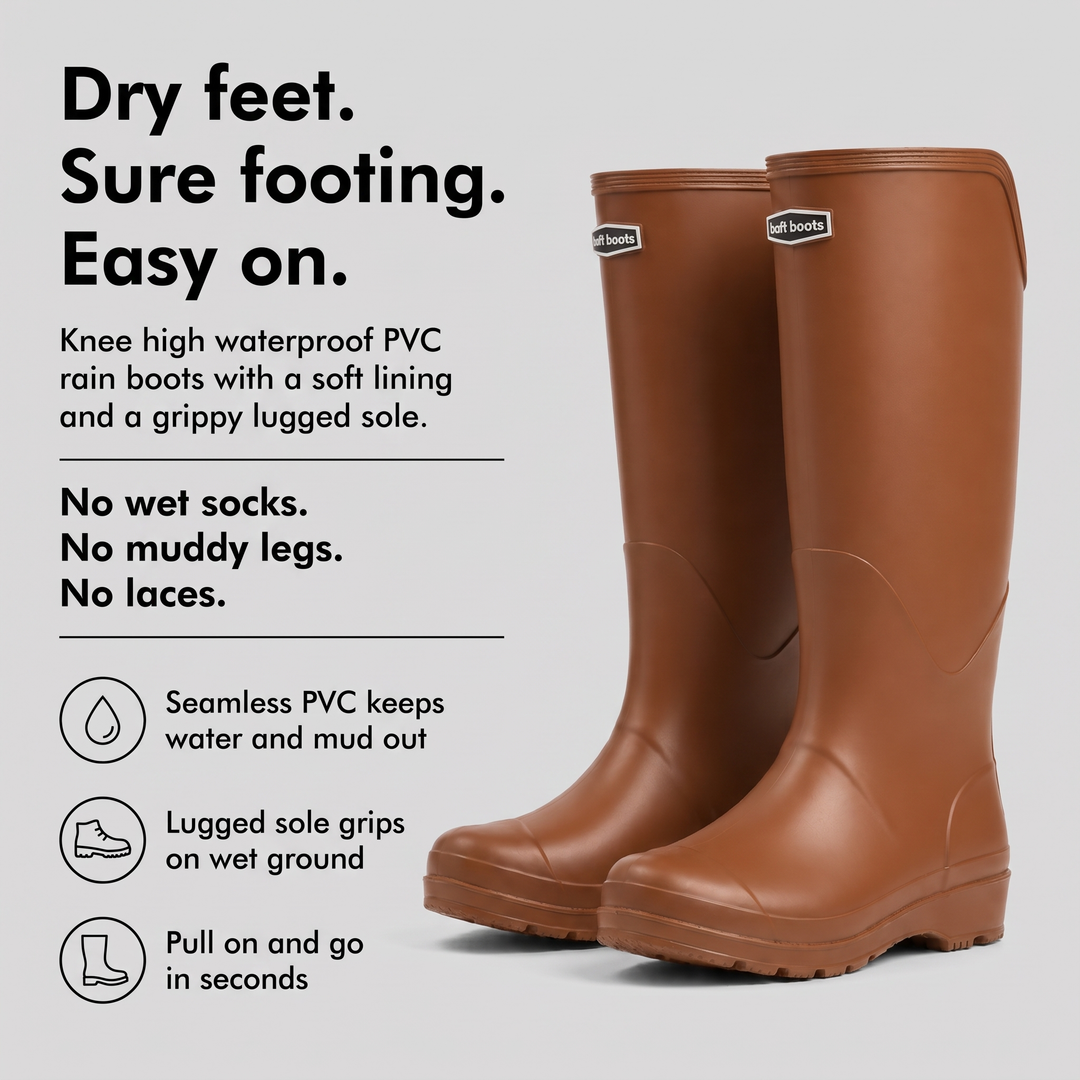 Women's knee high waterproof PVC rain boots with soft lining and lugged grip sole