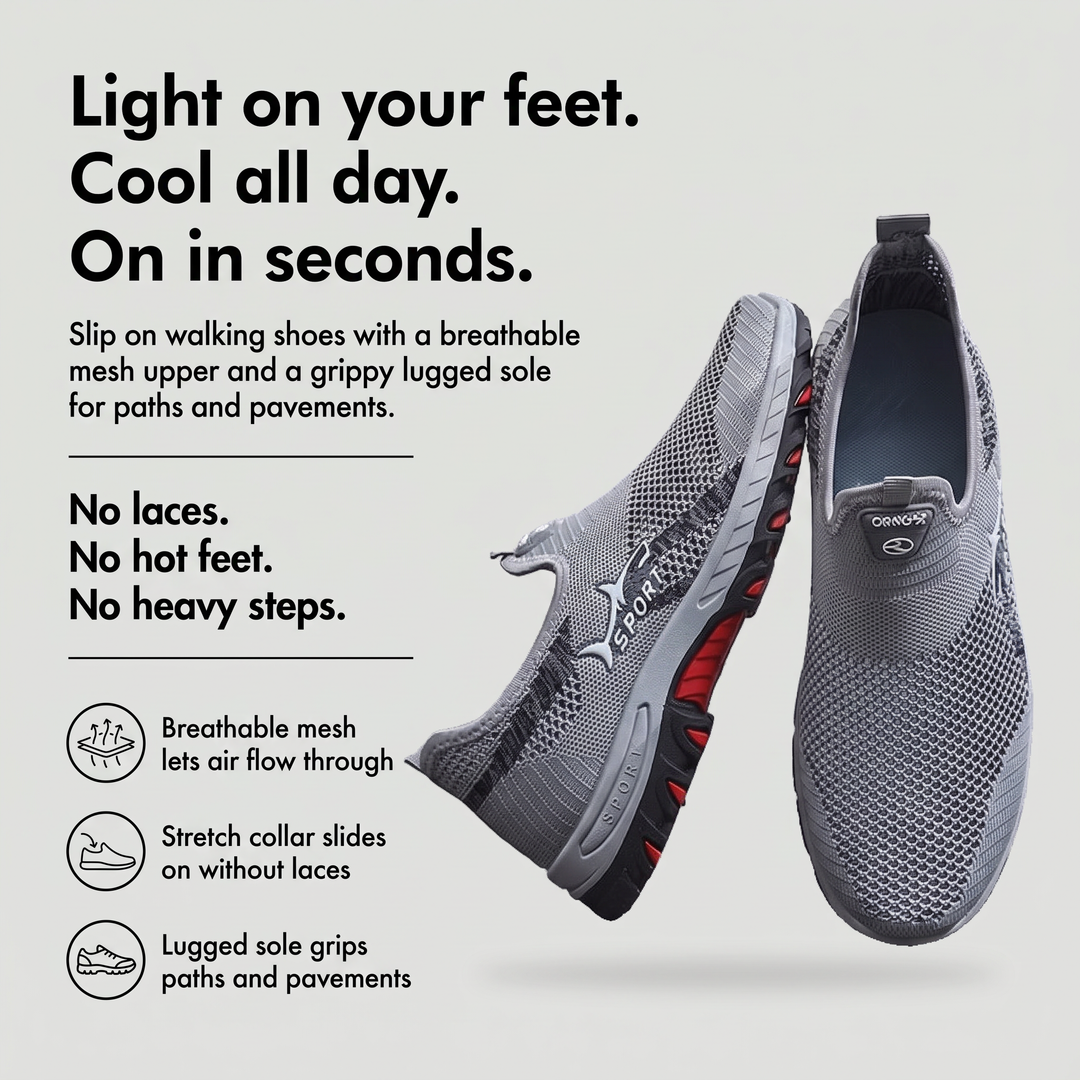 Men's slip on shoes with breathable mesh upper, stretch collar and lugged sole