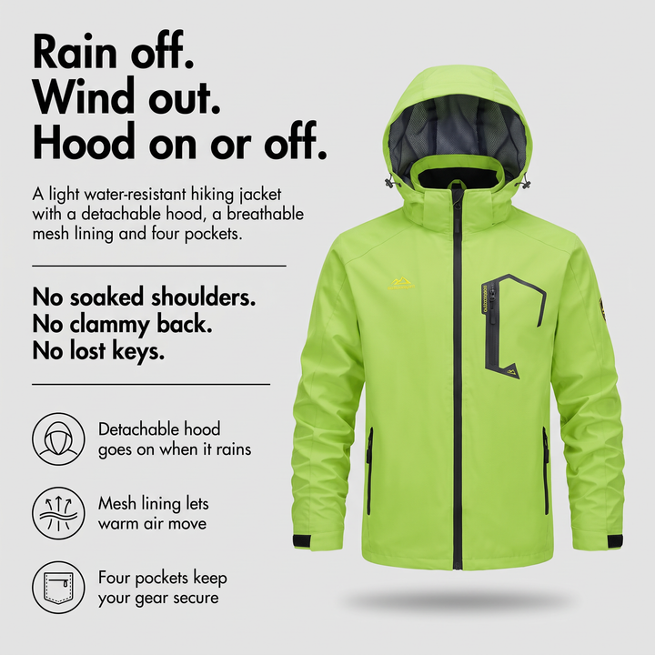 Men's rain coat with detachable hood, breathable mesh lining and four pockets