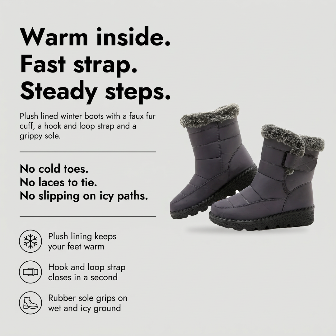Women's fur lined boots benefits: plush lining, hook and loop strap and grippy rubber sole