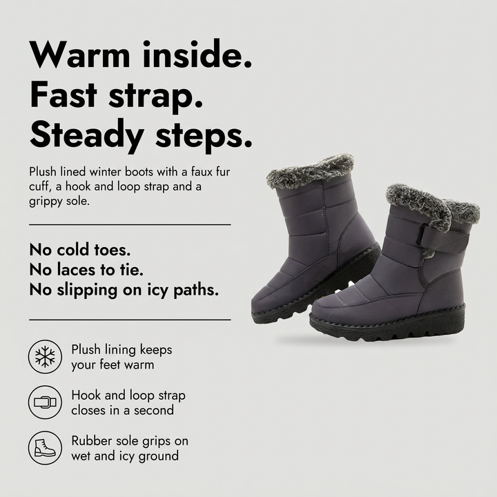 Women's fur lined boots benefits: plush lining, hook and loop strap and grippy rubber sole