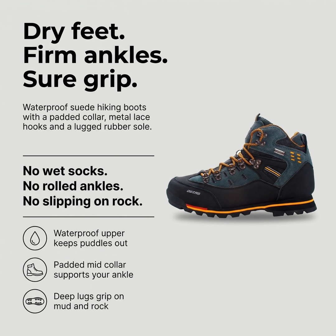 Waterproof hiking boot with padded collar, metal lace hooks and lugged sole