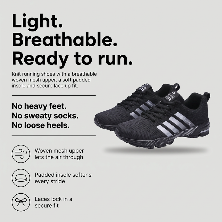 Running shoes with breathable woven mesh upper, padded insole and lace up fit