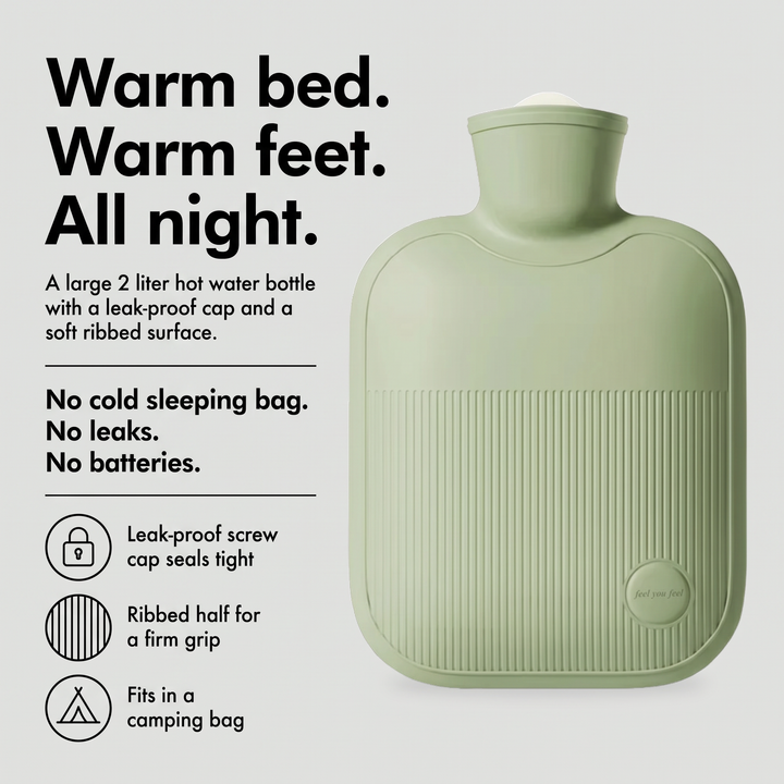 Large 2 liter hot water bottle with leak-proof cap and ribbed grip
