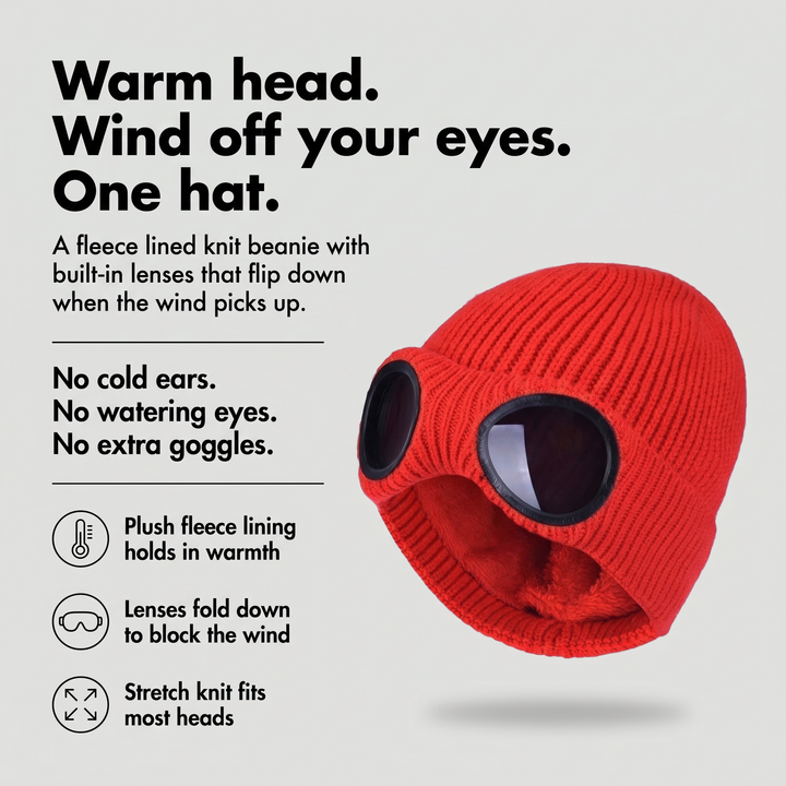 Goggle beanie benefits: plush fleece lining, fold down lenses against the wind and stretch knit fit