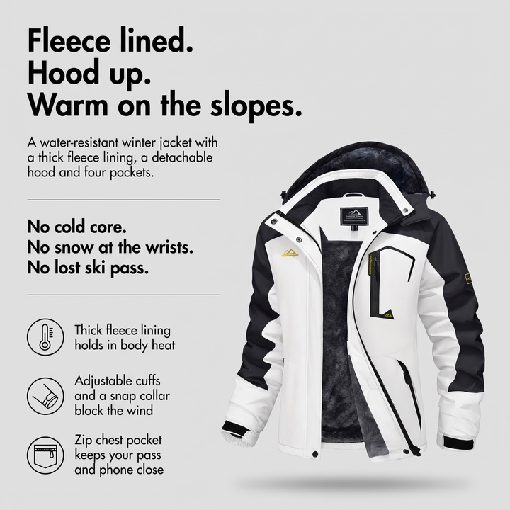 Women's winter jacket with fleece lining, detachable hood and zip chest pocket