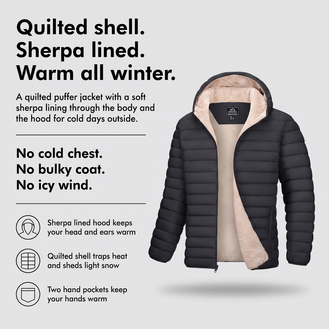 Men's quilted jacket with sherpa lined hood and hand pockets