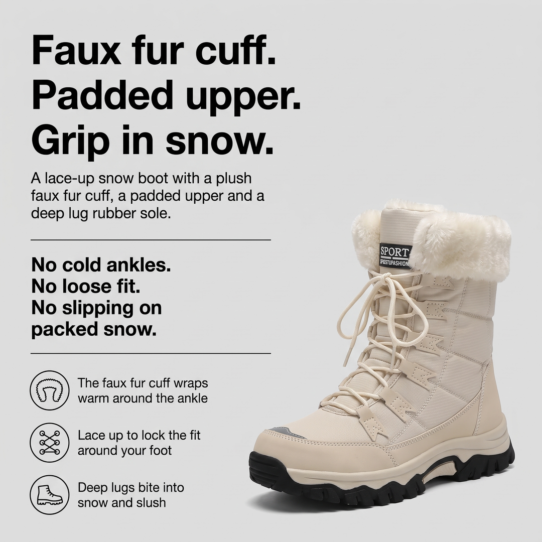 Women's snow boots with faux fur cuff, padded upper and deep lug sole