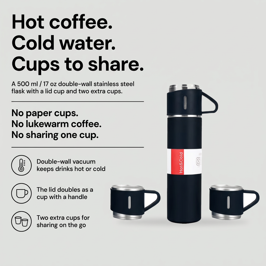 Stainless steel vacuum flask with a lid cup and two extra cups for sharing