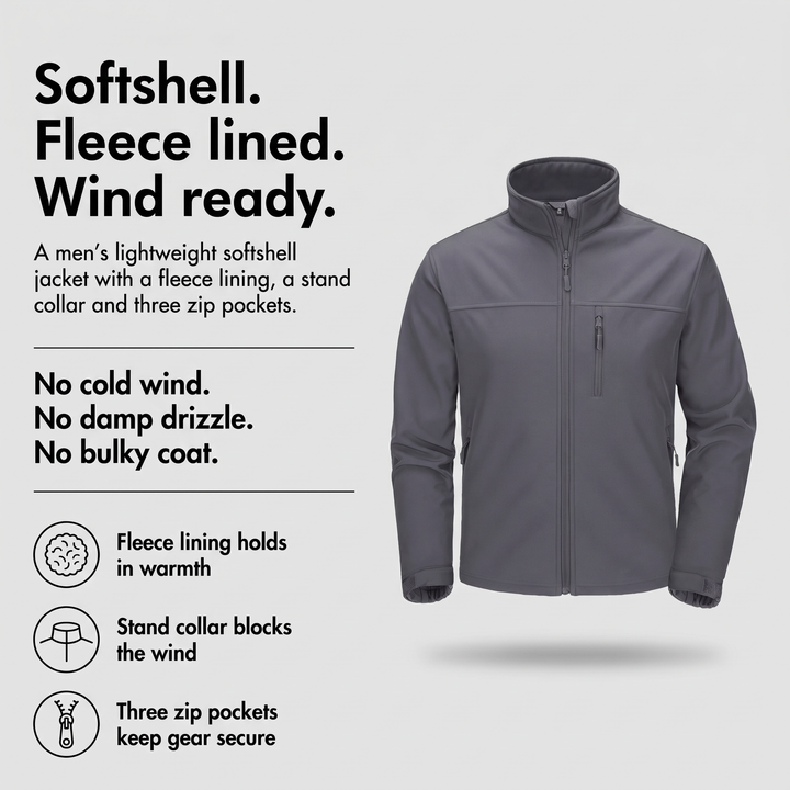 Men's fleece lined softshell jacket with stand collar and zip pockets