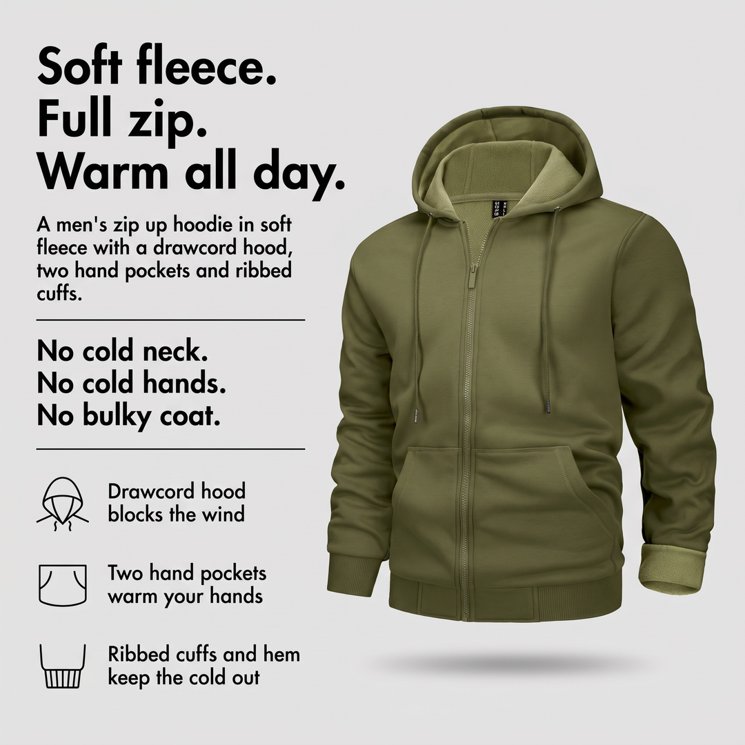 Men's zip up hoodie in soft fleece with drawcord hood, hand pockets and ribbed cuffs