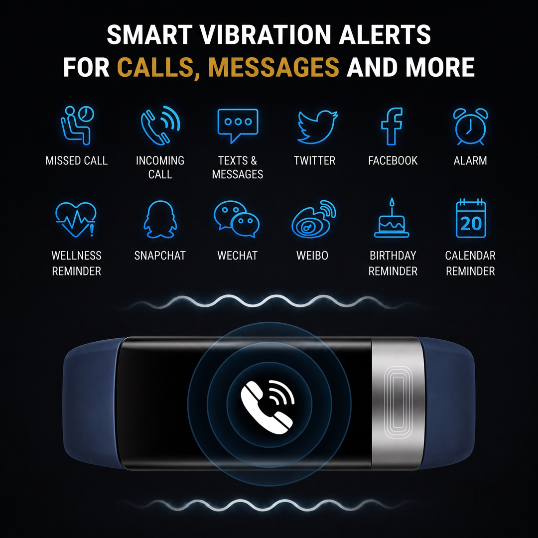 Fitness tracker vibration alerts for calls, messages, apps and reminders