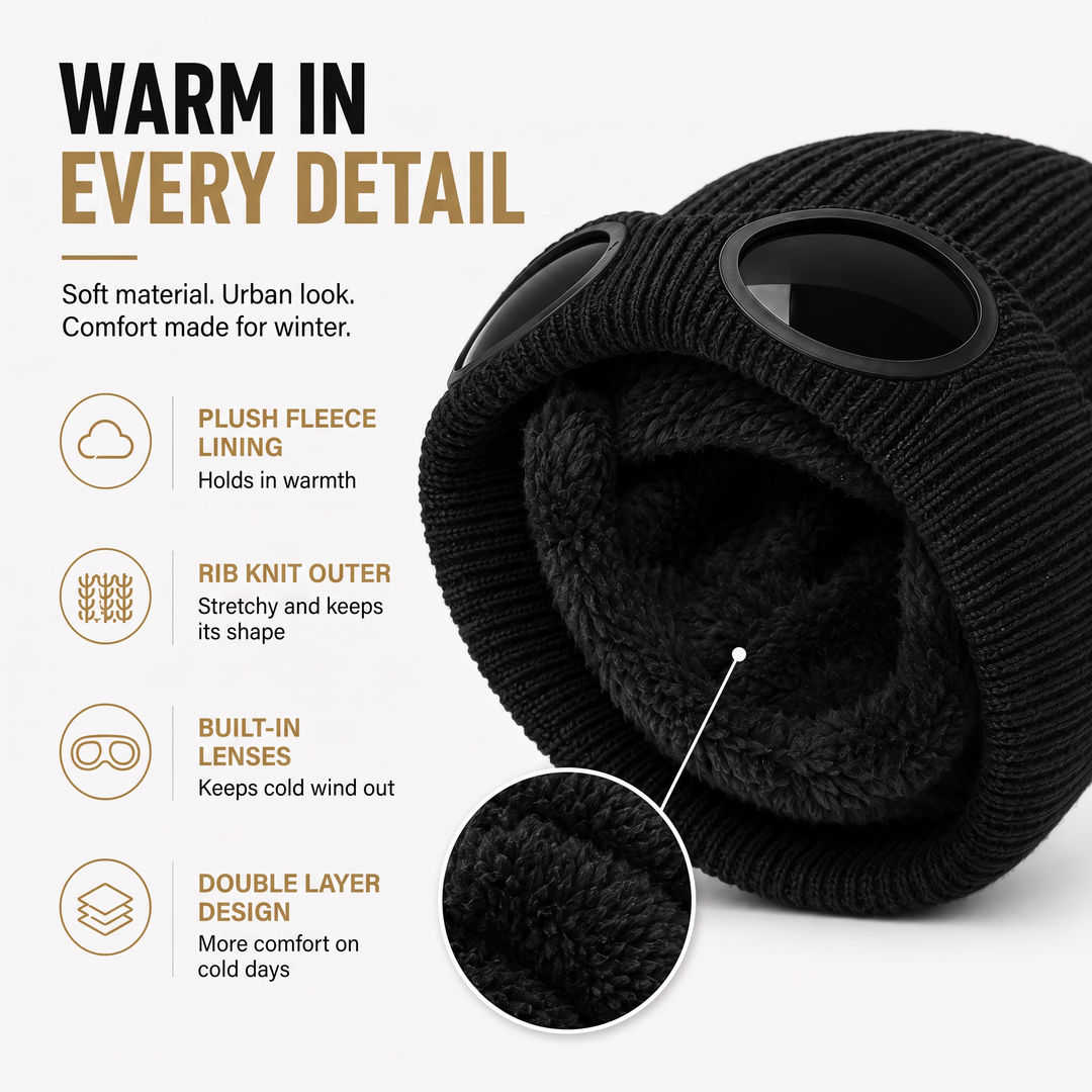 Goggle beanie details: plush fleece lining, rib knit outer, built-in lenses and double layer design