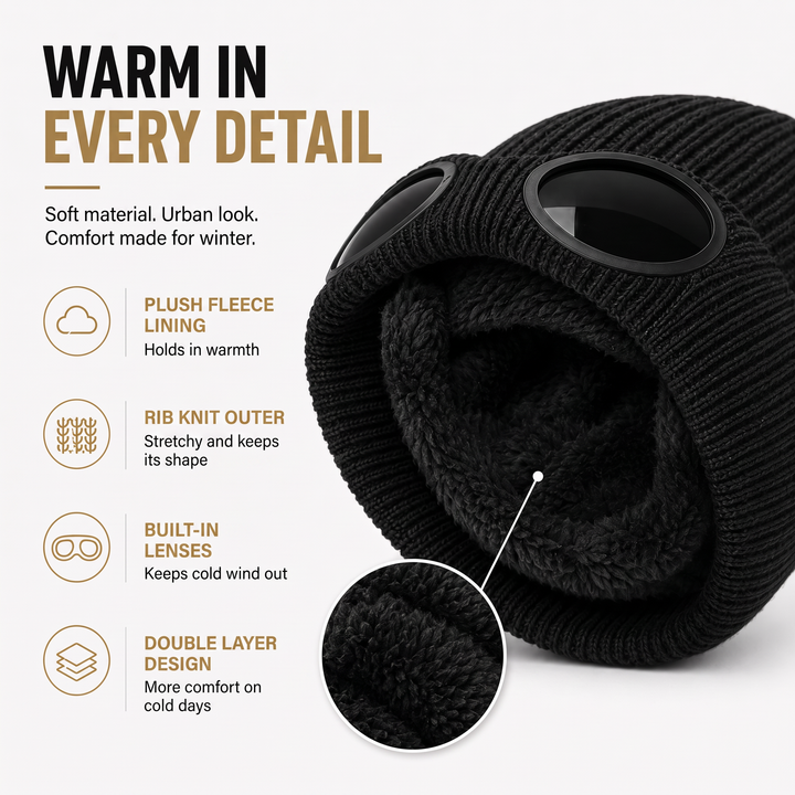 Goggle beanie details: plush fleece lining, rib knit outer, built-in lenses and double layer design
