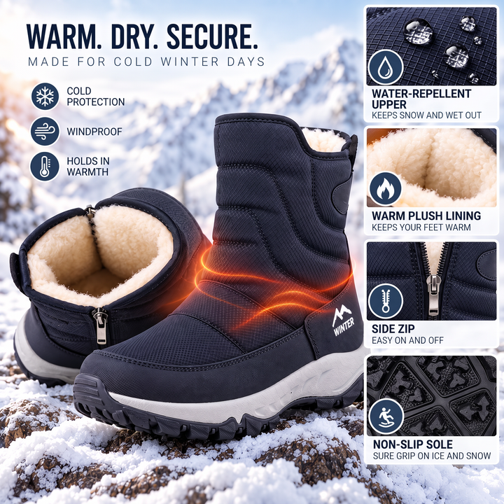 Plush lined snow boots with water-repellent upper, side zip and non-slip sole