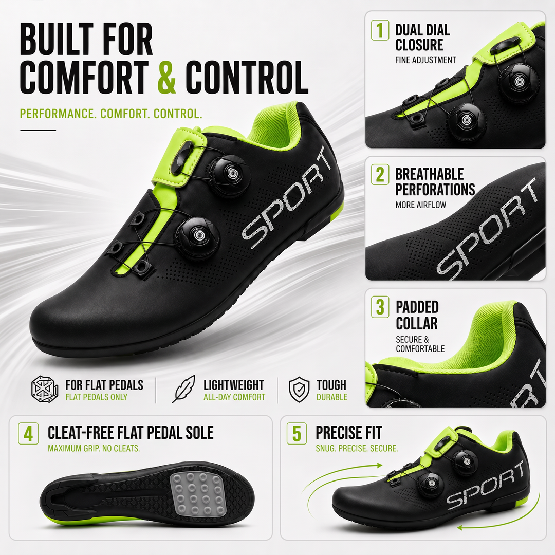 Flat pedal cycling shoe features: dual dial closure, breathable perforations, padded collar and cleat-free sole