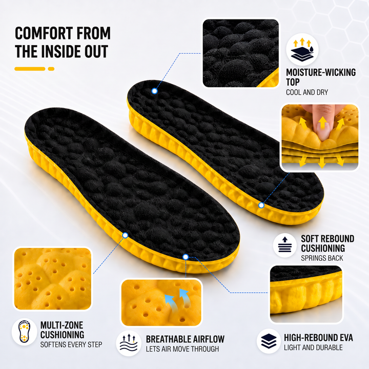 Shoe insole construction: moisture-wicking top, soft rebound cushioning, multi-zone cushioning, breathable airflow and high-rebound EVA