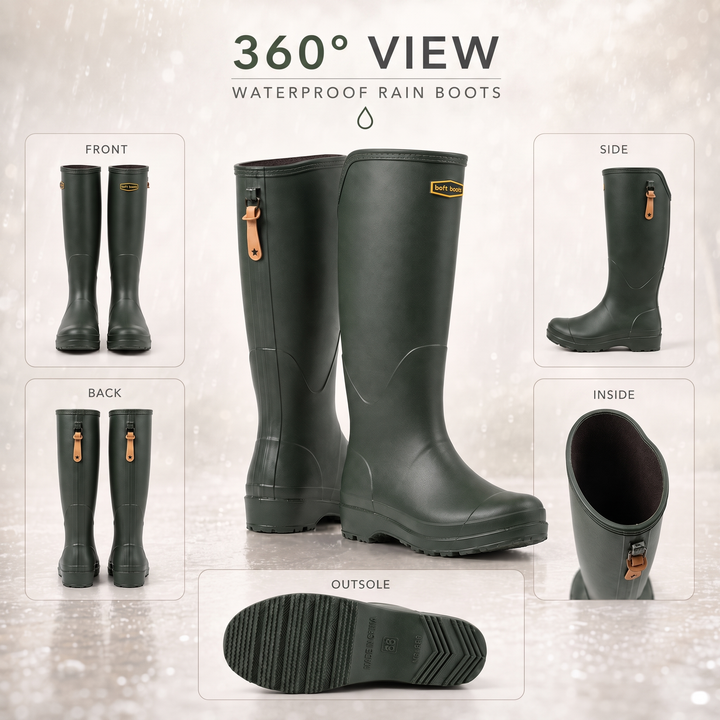 Knee high rain boots from the front, side, back, inside and outsole