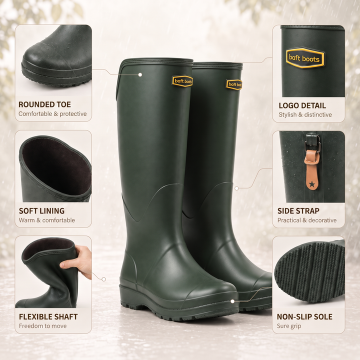 Rain boot details: rounded toe, soft lining, flexible shaft, side strap and non-slip sole