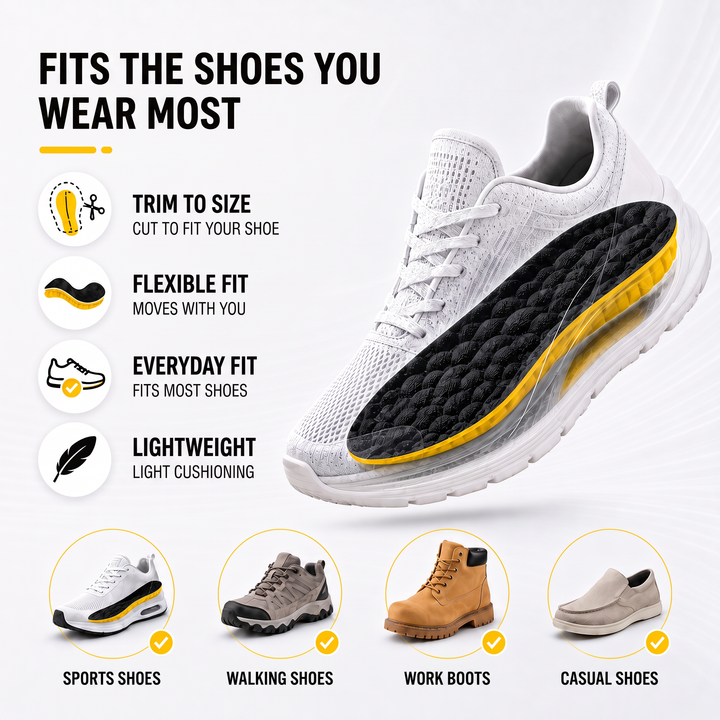Shoe insoles trim to size and fit sports shoes, walking shoes, work boots and casual shoes