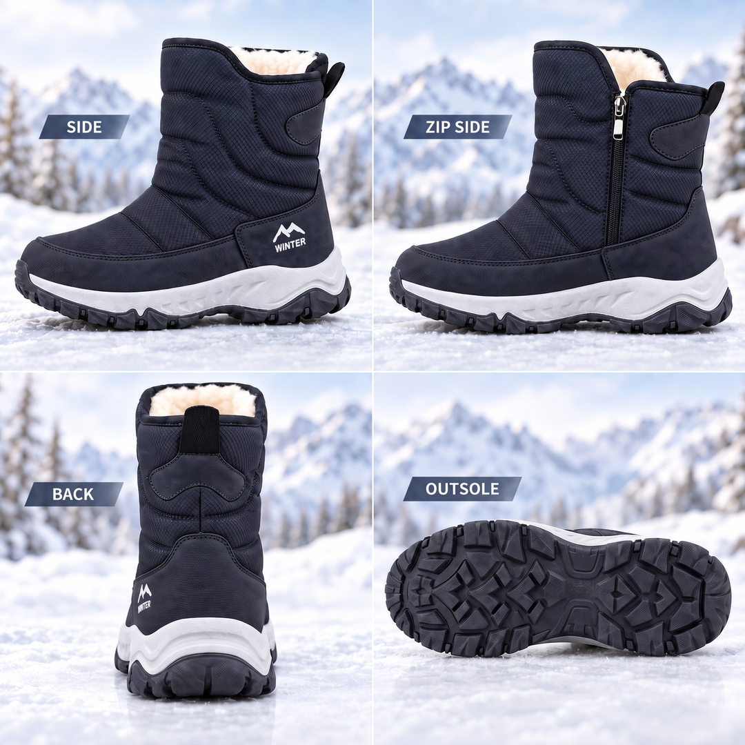 Men's winter boots in Navy from the side, zip side, back and outsole