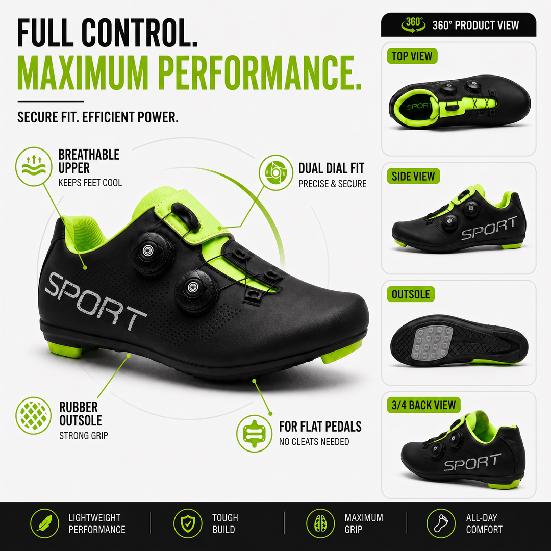 Flat pedal cycling shoe from four angles with breathable upper and rubber outsole