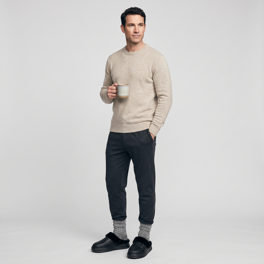 Man wearing the black fur lined slipper clogs with gray wool socks