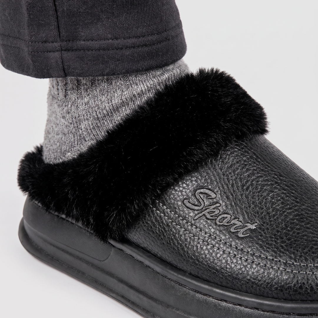 Close-up of the embroidered Sport script and fur collar