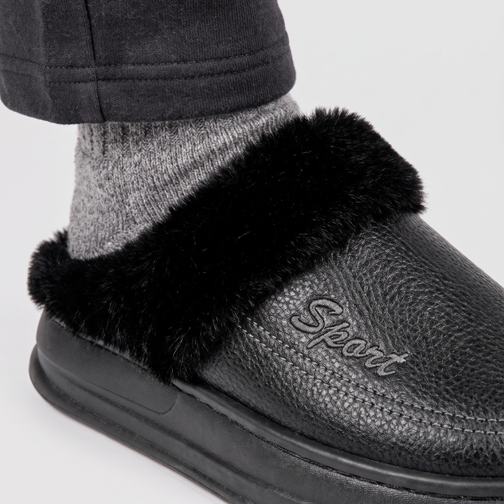 Close-up of the embroidered Sport script and fur collar